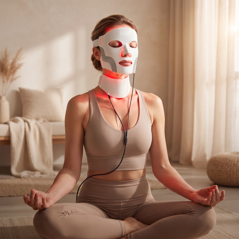 Kvinna sitter i meditation med LED-mask och LED-halsband