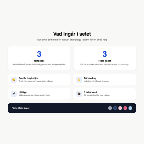 Packpåsar specifikationer: 6 delar och fem färger