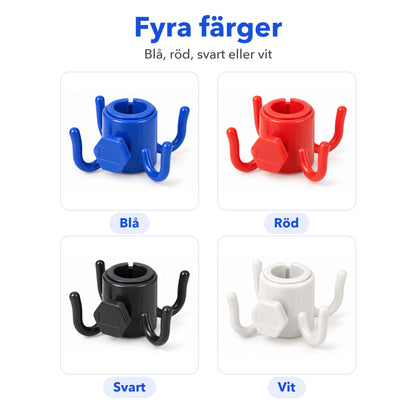 Parasollkroken i fyra färger: blå, röd, svart och vit, med fyra krokar
