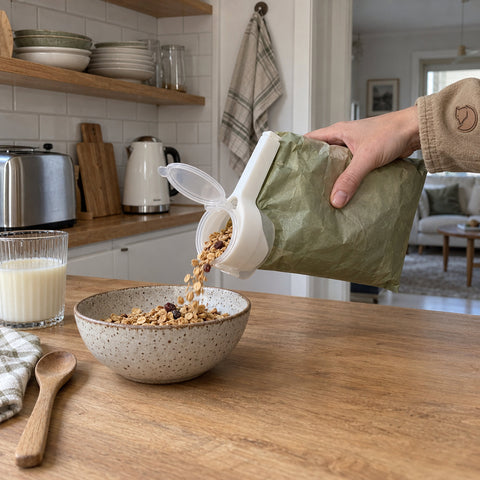 Påsklipp med inbyggd pip: granola hälls genom klippets pip ur en påse ner i en skål