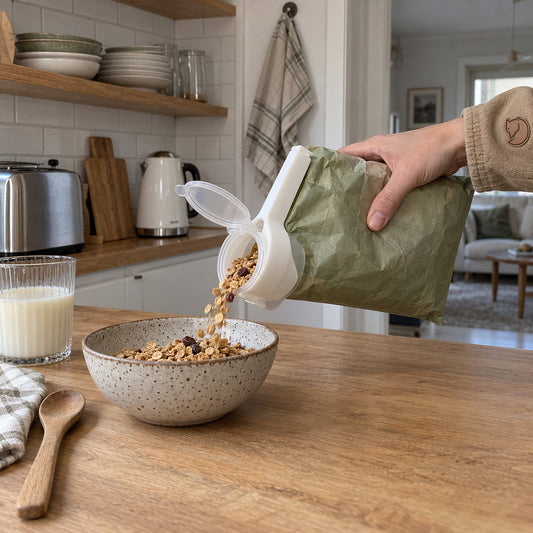 Påsklipp med inbyggd pip: granola hälls genom klippets pip ur en påse ner i en skål
