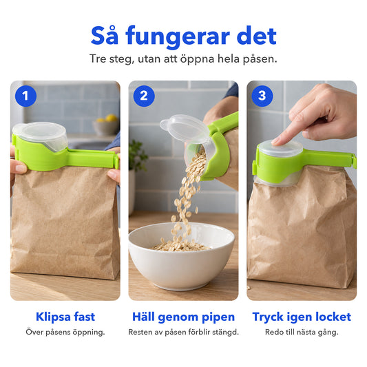 Påsklipp i tre steg: klipsa fast på påsen, häll genom pipen och tryck igen locket