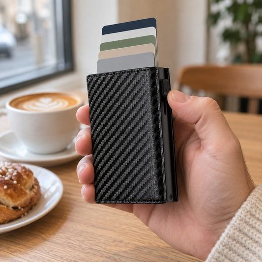 Hand håller en svart pop-up-plånbok i kolfibermönster med uppfällda kort på ett café