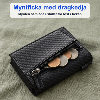 Svart plånbok med myntficka med dragkedja och mynt som sticker ut ur fickan