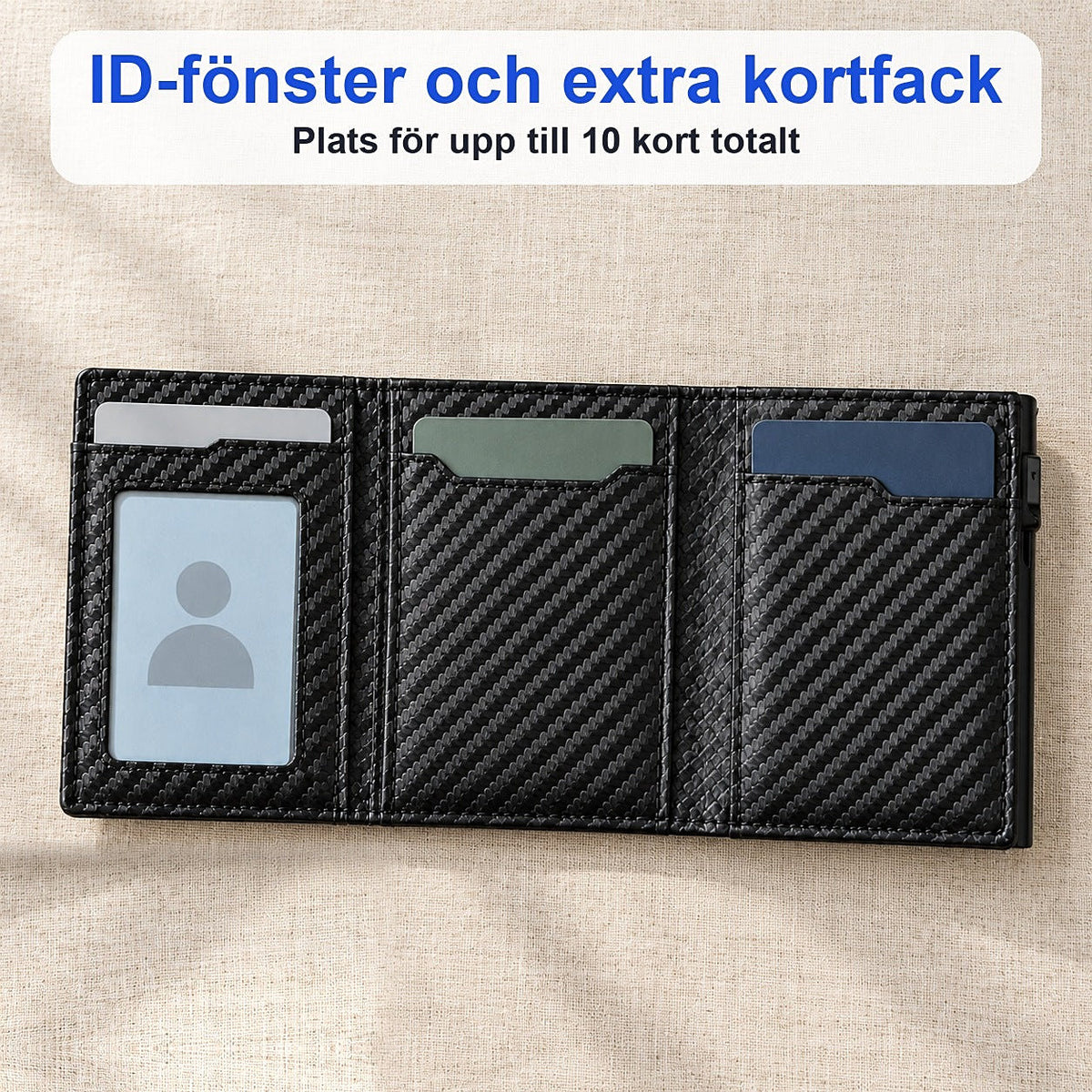 Uppfälld svart plånbok sedd uppifrån med genomskinligt ID-fönster och kortfack på ett ljust linnetyg