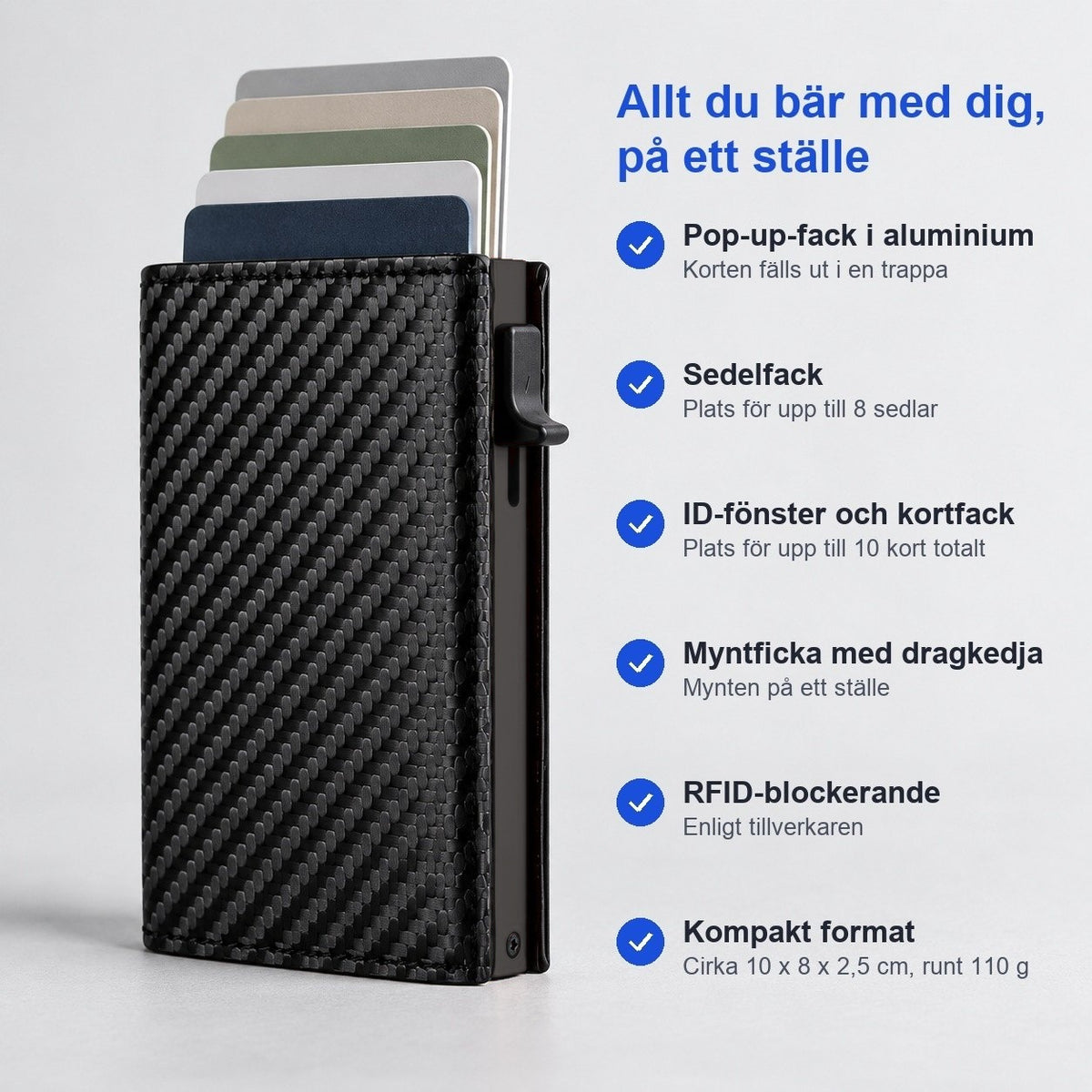 Svart pop-up-plånbok och lista över funktioner: pop-up-fack, sedelfack, ID-fönster, myntficka, RFID-blockerande och kompakt format