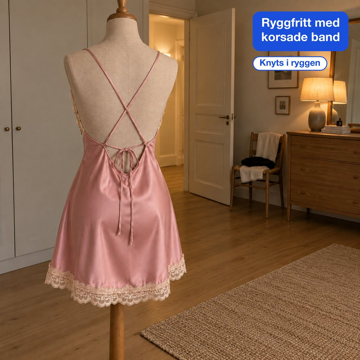 Rosa satinnattlinne med spetskant sett bakifrån på en provdocka, ryggfritt med två tunna band som korsas och knyts i ryggen