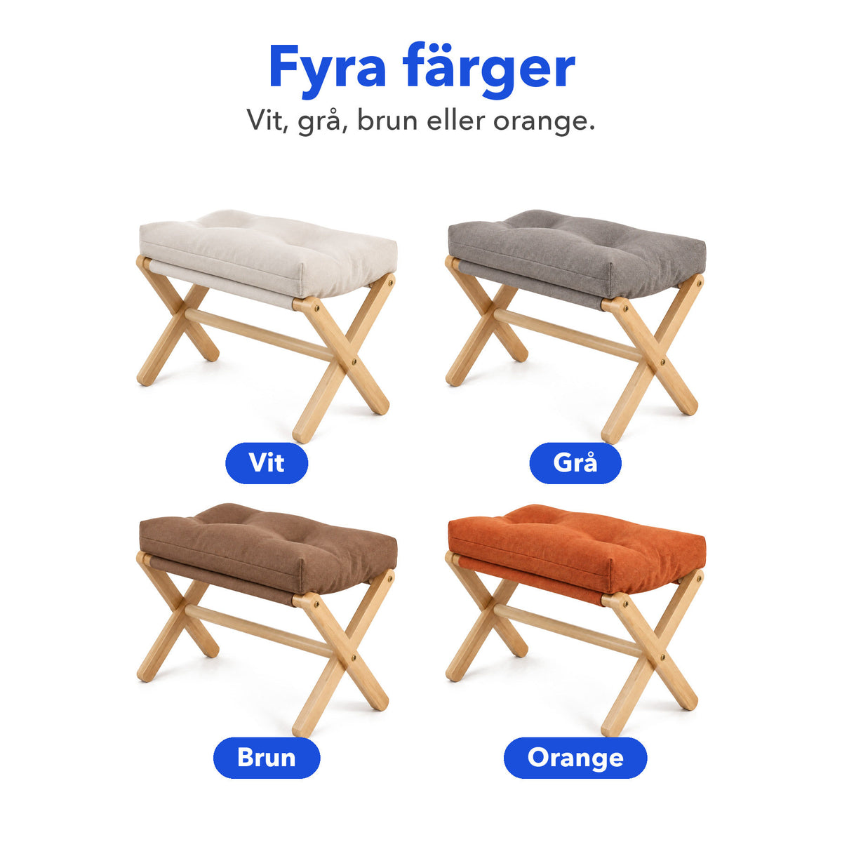 Vikbar pall i trä i fyra färger: vit, grå, brun och orange