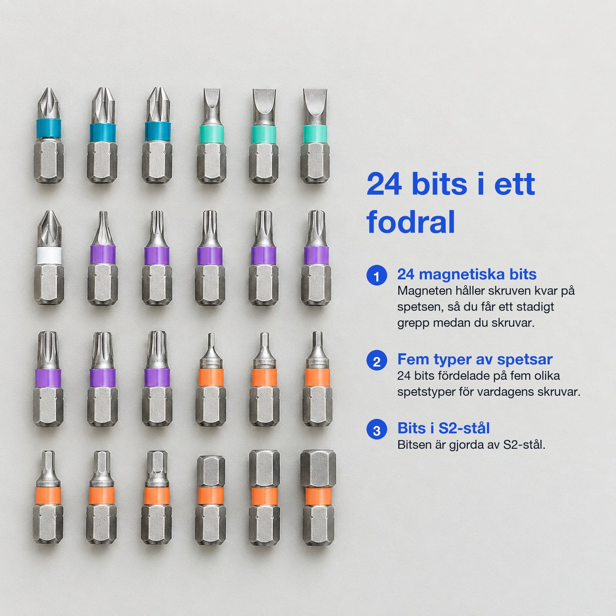 24 magnetiska bits i fem spetstyper, bitsen är gjorda av S2-stål