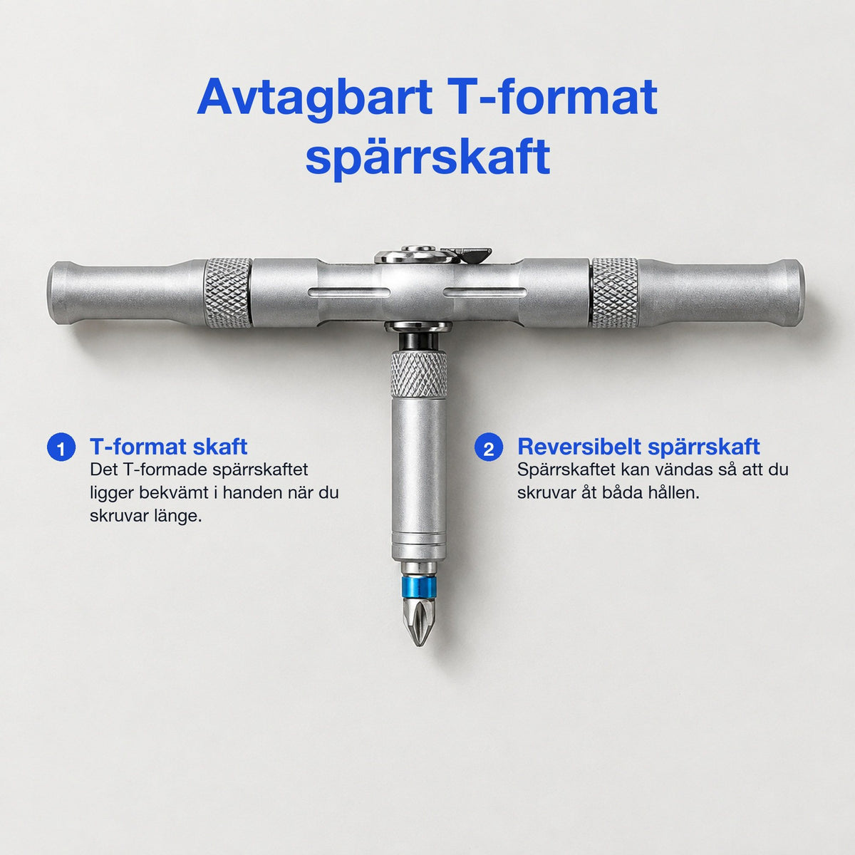 Avtagbart T-format spärrskaft som kan vändas för att skruva åt båda hållen