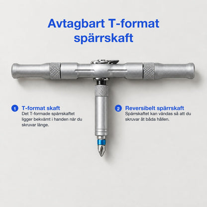 Avtagbart T-format spärrskaft som kan vändas för att skruva åt båda hållen