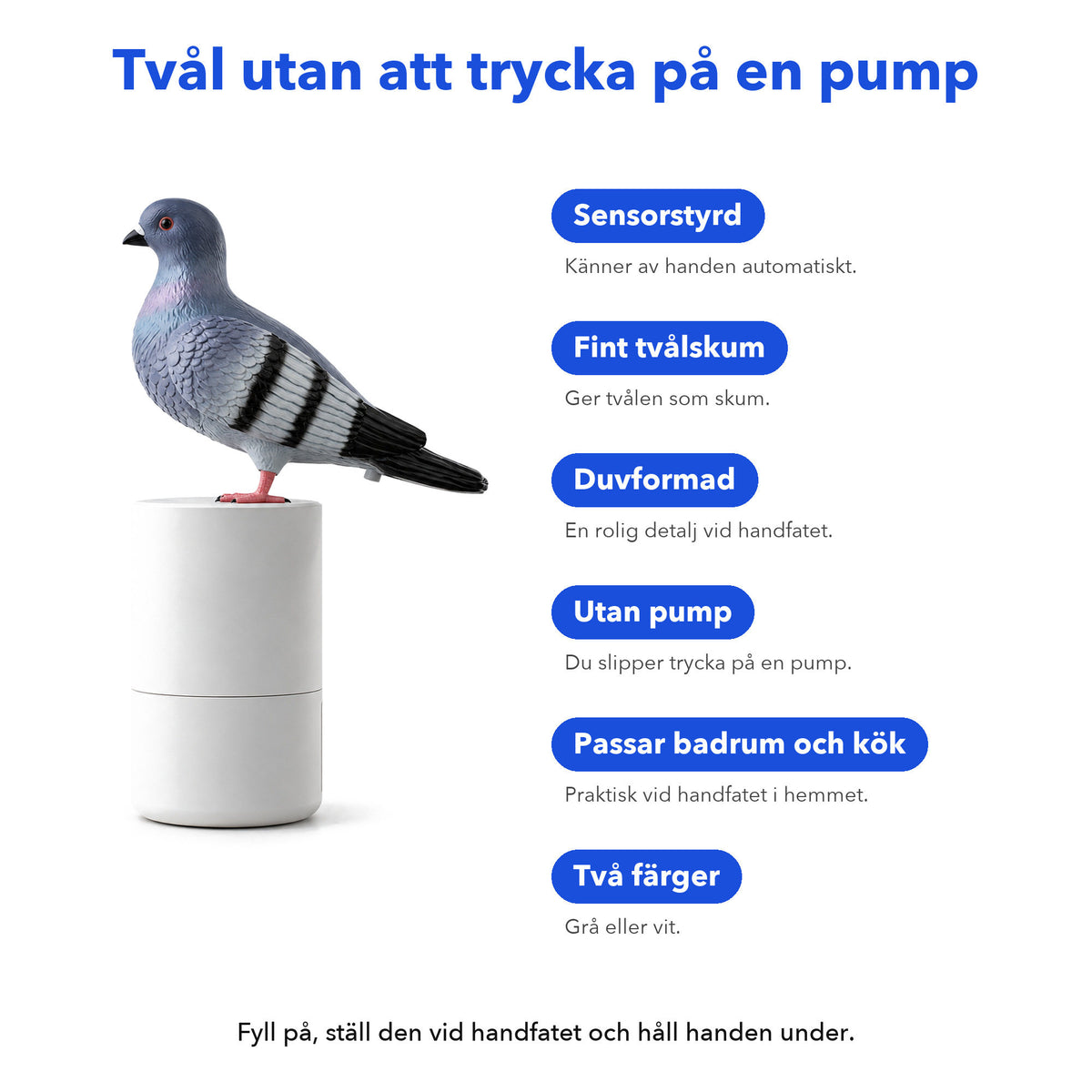 Fakta om skumtvålsdispensern: sensorstyrd, fint tvålskum, duvformad, utan pump, badrum och kök, grå eller vit