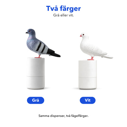 Skumtvålsdispensern i två färger: grå duva och vit duva på vit cylinder