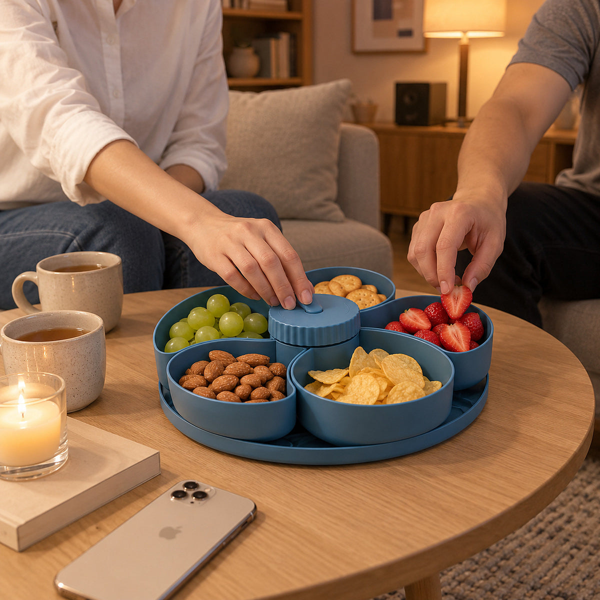 Roterande snacksbricka i blått med fem fack fyllda med vindruvor, mandel, chips, jordgubbar och kex på ett soffbord, två personer sitter i soffan