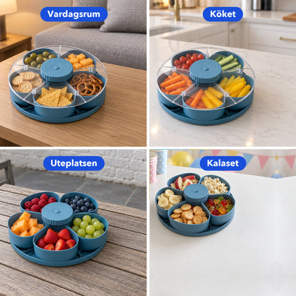 Snacksbrickan i fyra miljöer: vardagsrummet, köket, uteplatsen och kalasbordet