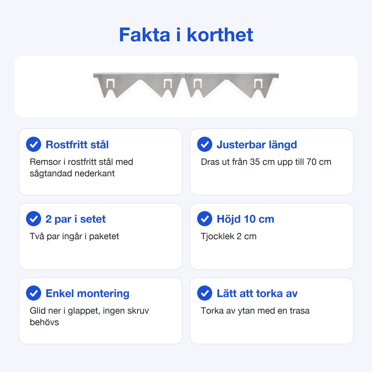 Fakta om spalttätningen: rostfritt stål, justerbar längd 35 till 70 cm, 2 par i setet, enkel montering och lätt att torka av