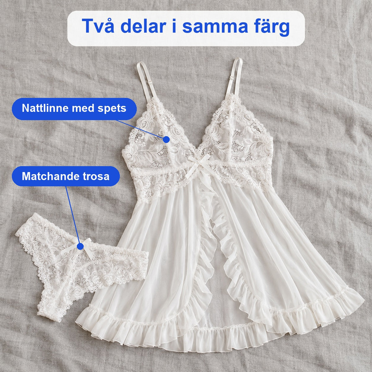 Vitt nattlinne och matchande spetstrosa utlagda på grått linnetyg, två delar i samma färg