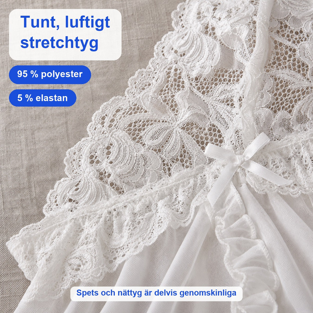 Närbild på vit spets och fint nättyg med satinrosett, tunt tyg i 95 % polyester och 5 % elastan