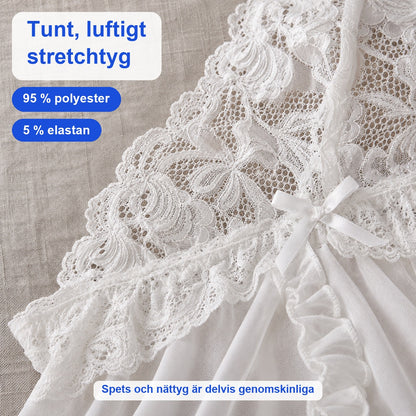 Närbild på vit spets och fint nättyg med satinrosett, tunt tyg i 95 % polyester och 5 % elastan