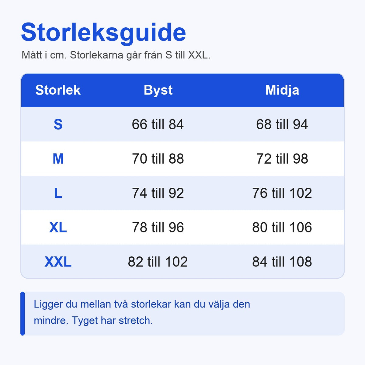 Storleksguide för spetsnattlinne med trosa i storlek S till XXL, mått för byst och midja i cm