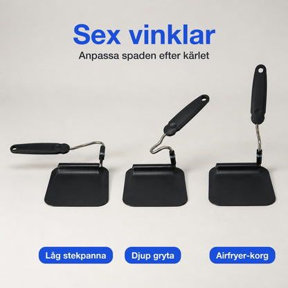 Tre vinkelbara stekspadar med handtaget ställt i olika vinklar för låg stekpanna, djup gryta och airfryer-korg, sex vinklar