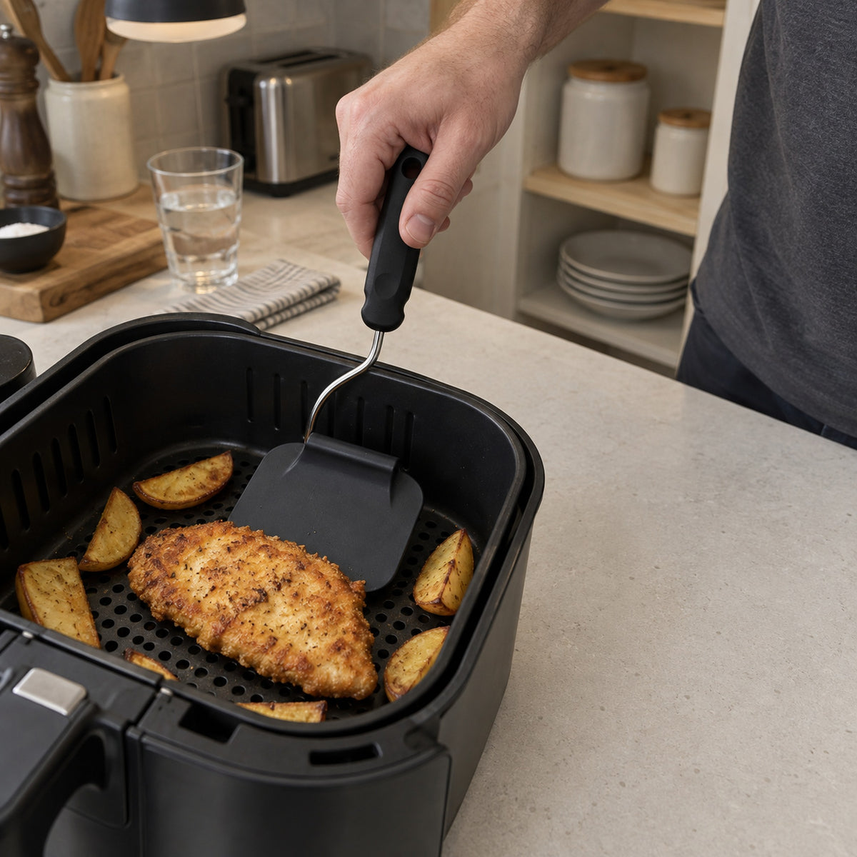 Vinkelbar stekspade med upprätt handtag som lyfter en kycklingfilé i en airfryer-korg