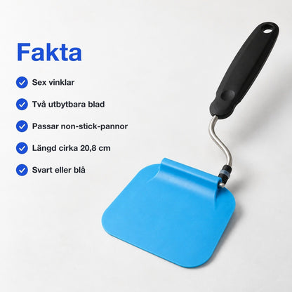 Fakta om den vinkelbara stekspaden: sex vinklar, två utbytbara blad, passar non-stick-pannor, längd cirka 20,8 cm, svart eller blå