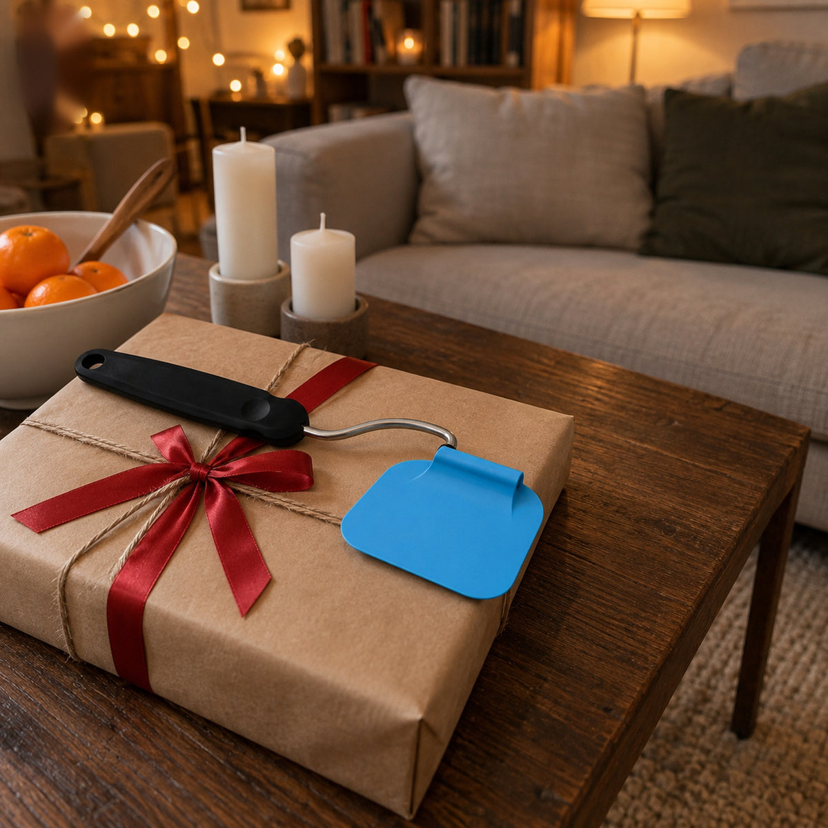 Vinkelbar stekspade med blått blad på ett presentpaket i kraftpapper med rött band på ett soffbord