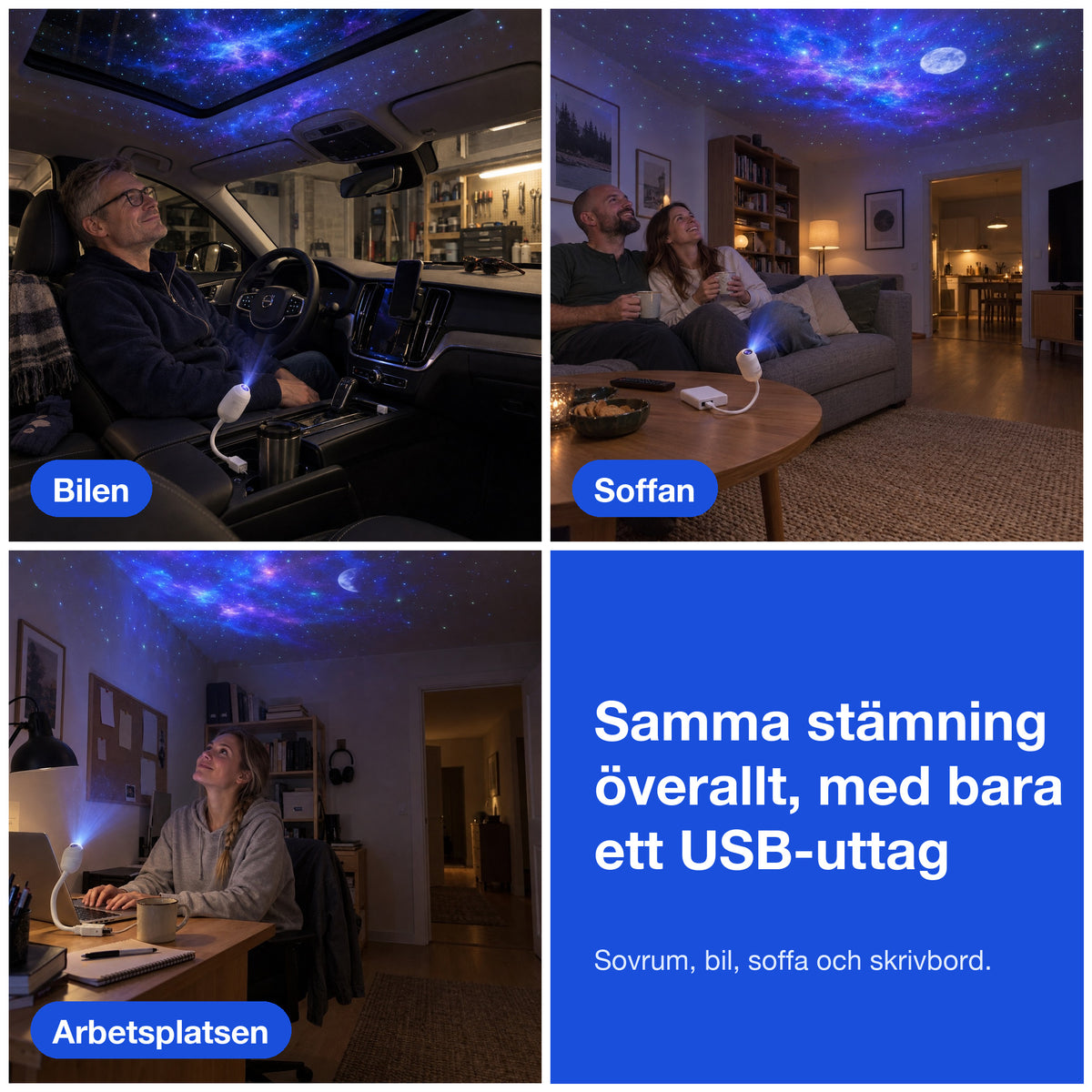 Stjärnprojektorn i bilen, i soffan och vid skrivbordet
