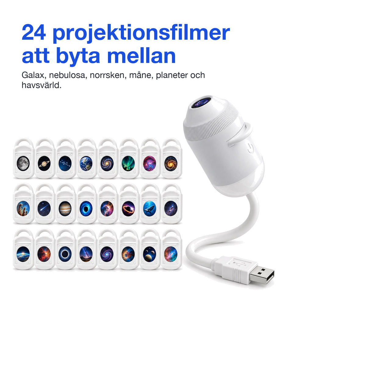 Stjärnprojektor med 24 projektionsfilmer med motiv som galax, planeter och norrsken