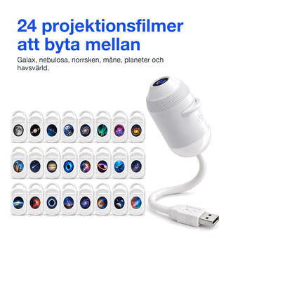 Stjärnprojektor med 24 projektionsfilmer med motiv som galax, planeter och norrsken
