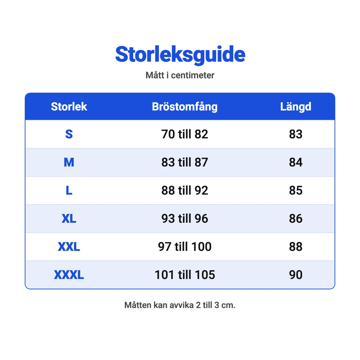 Storleksguide för satinnattlinne med V-ringning: storlek S till XXXL med bröstomfång och längd i centimeter