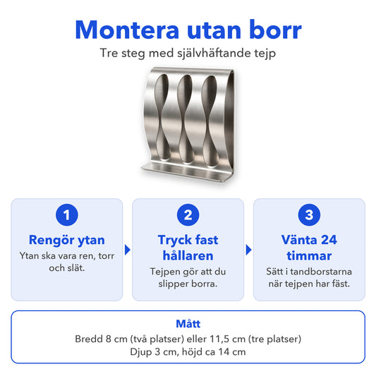 Tre steg för att montera hållaren utan borr och dess mått