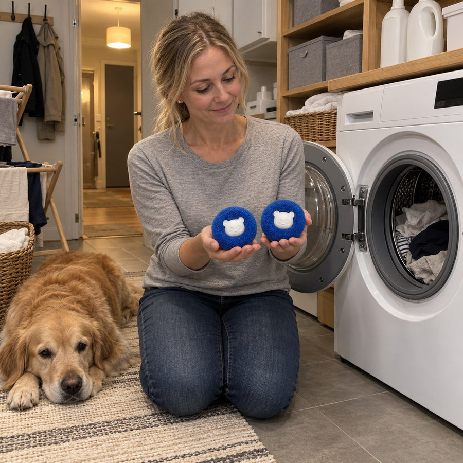 Kvinna i tvättstuga håller två blå tvättbollar med vitt björnansikte framför en öppen tvättmaskin medan en golden retriever vilar på mattan