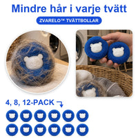 Mindre hår i varje tvätt: en blå tvättboll täckt av djurhår, en hand som håller två blå tvättbollar framför en tvättmaskin och tolv blå tvättbollar under rubriken 4, 8, 12-pack