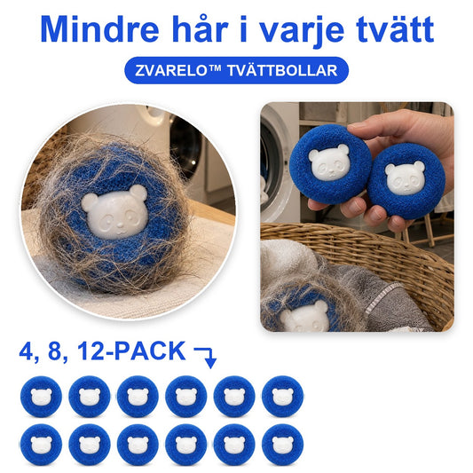 Mindre hår i varje tvätt: en blå tvättboll täckt av djurhår, en hand som håller två blå tvättbollar framför en tvättmaskin och tolv blå tvättbollar under rubriken 4, 8, 12-pack