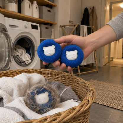 En hand håller två blå tvättbollar ovanför en korg med handdukar där en tredje tvättboll är täckt av grått och beige djurhår