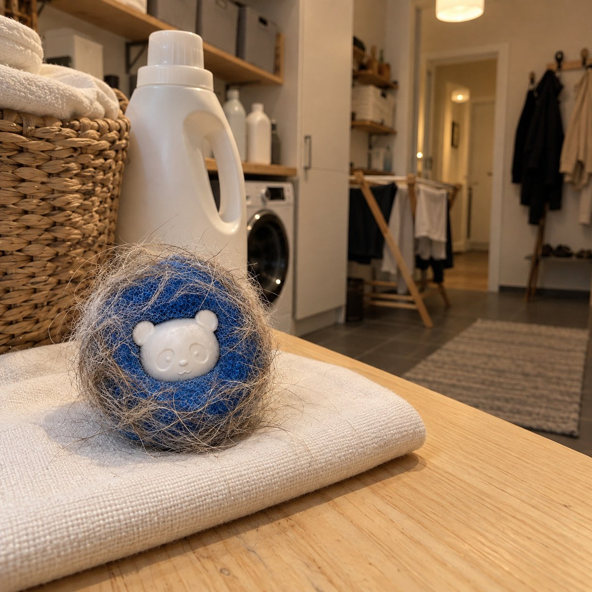 En blå tvättboll med vitt björnansikte täckt av grått och beige djurhår på en vikt vit handduk på en träbänk i en tvättstuga