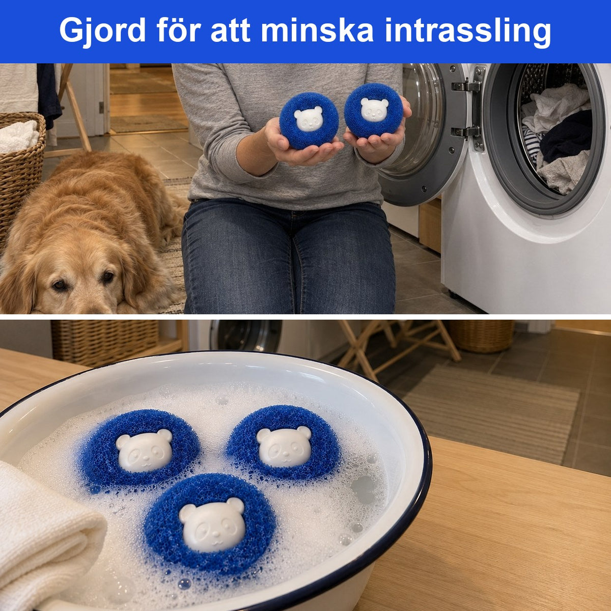 Gjord för att minska intrassling: kvinna håller två blå tvättbollar framför en öppen tvättmaskin medan en golden retriever vilar bredvid, och tre blå tvättbollar i en balja med tvättmedelsskum