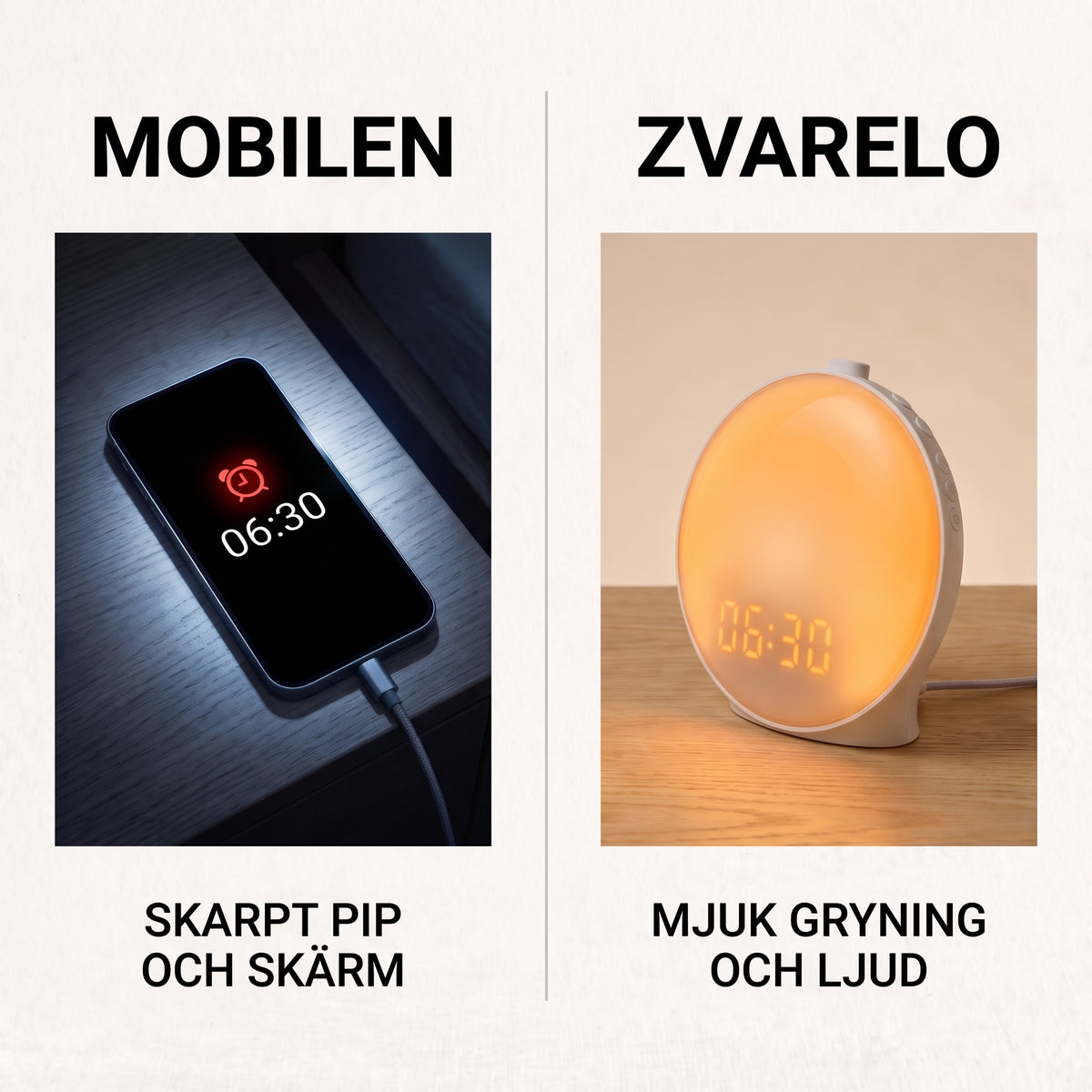 Jämförelse mobil vs Zvarelo soluppgångsklocka