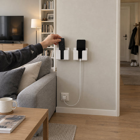 Hand lyfter fjärrkontrollen ur ett vitt självhäftande väggfäste vid soffan, med telefonen laddande i ett andra fäste