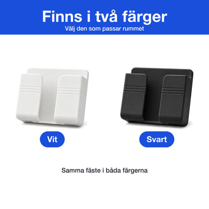Självhäftande väggfäste i de två färgerna vit och svart, samma fäste i båda färgerna