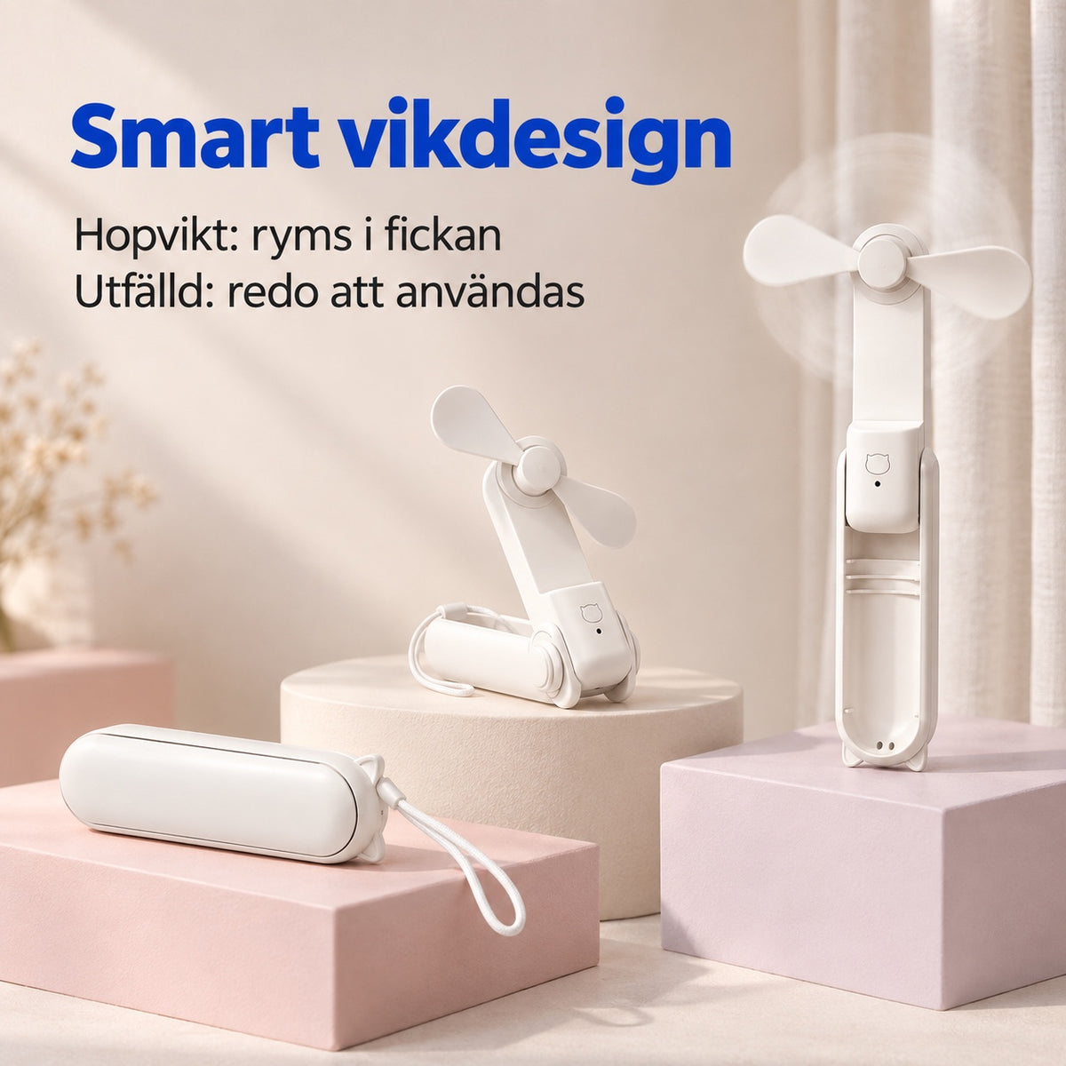 Smart vikdesign: vit minifläkt hopvikt, halvt utfälld och helt utfälld