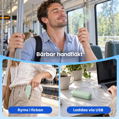 Grön vikbar minifläkt i bruk på tåget, i fickan och laddad via USB