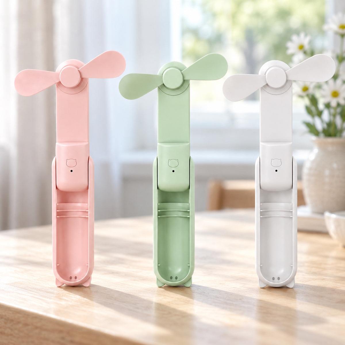 Tre utfällda vikbara minifläktar i rosa, grön och vit på ett träbord