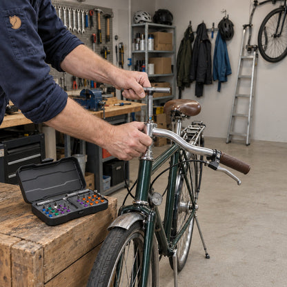 Händer drar åt styrstammens bult på en cykel i ett garage med spärrskaftet, fodralet med bits står öppet på en låda bredvid